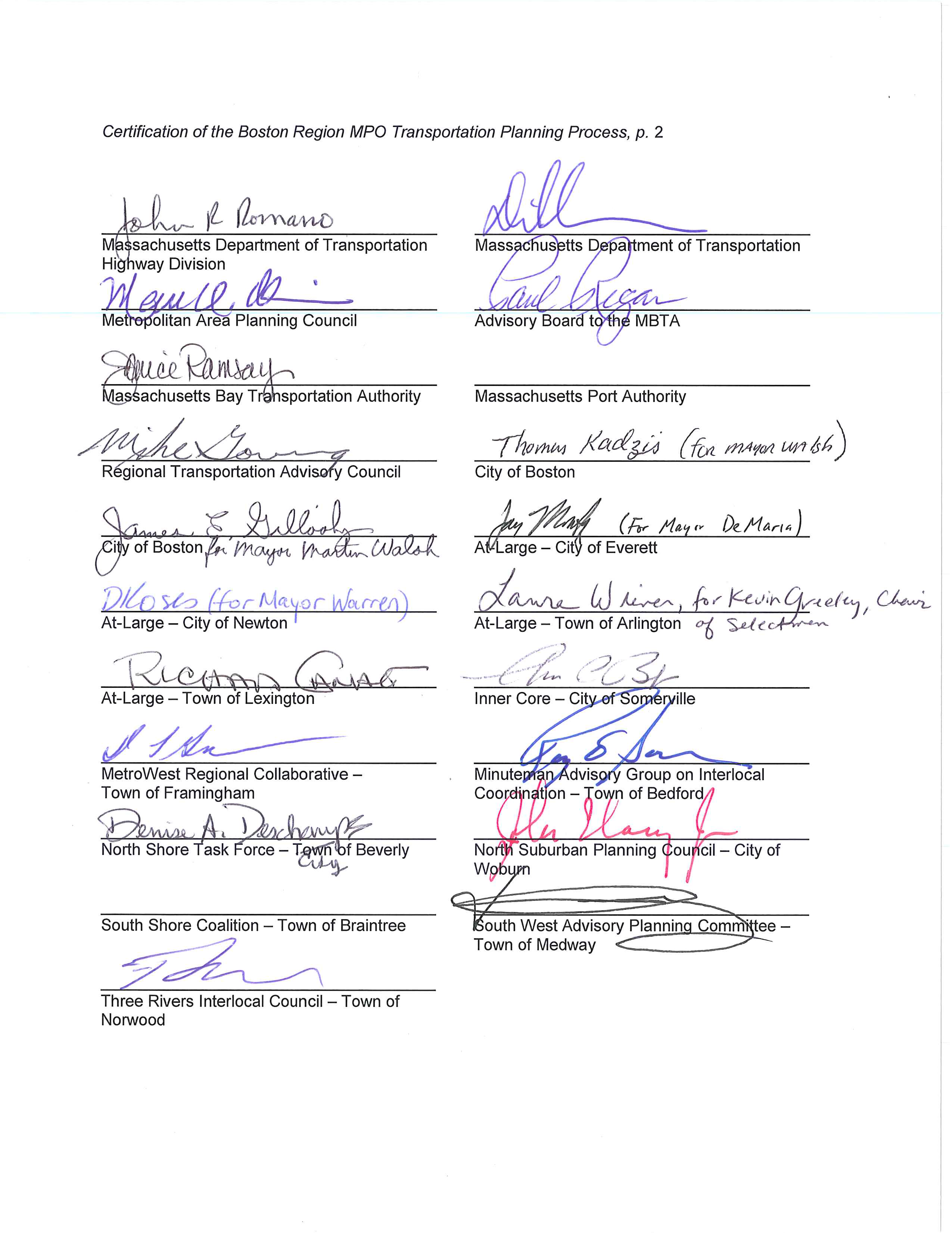 "Boston Region MPO Self Certification Statement–July 30, 2015
This is the MPO’s self-certification statement regarding the federal requirements for the metropolitan transportation planning process. It has been signed by MPO members (except for the South Shore Coalition and Massport representatives).